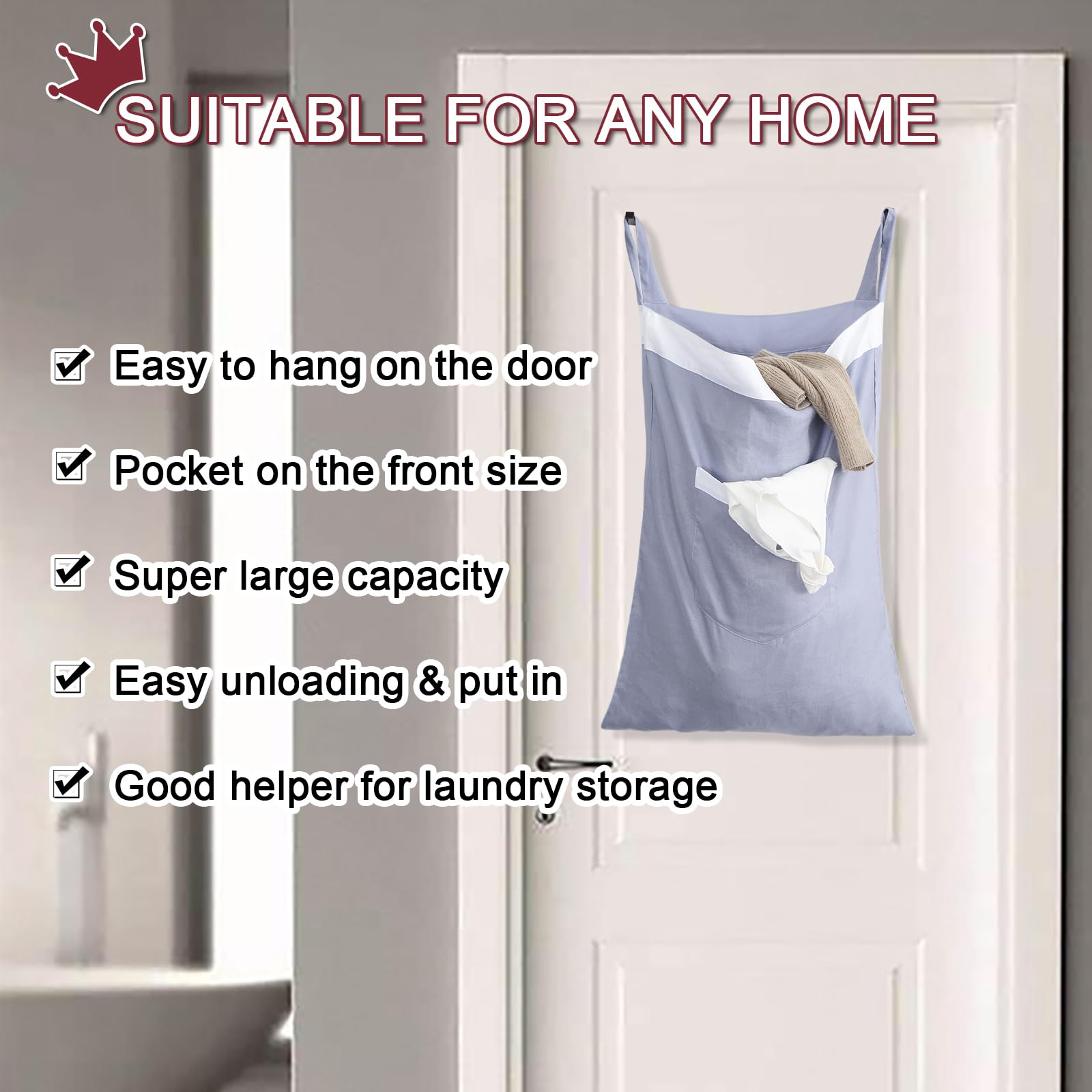 100% Linen Door Hanging Laundry Hamper, Hanging Laundry Bag (20x27Inch) with Front Pocket, Best Choice for Space Saving Over the Door Laundry Hamper, Laundry Hamper Hanging