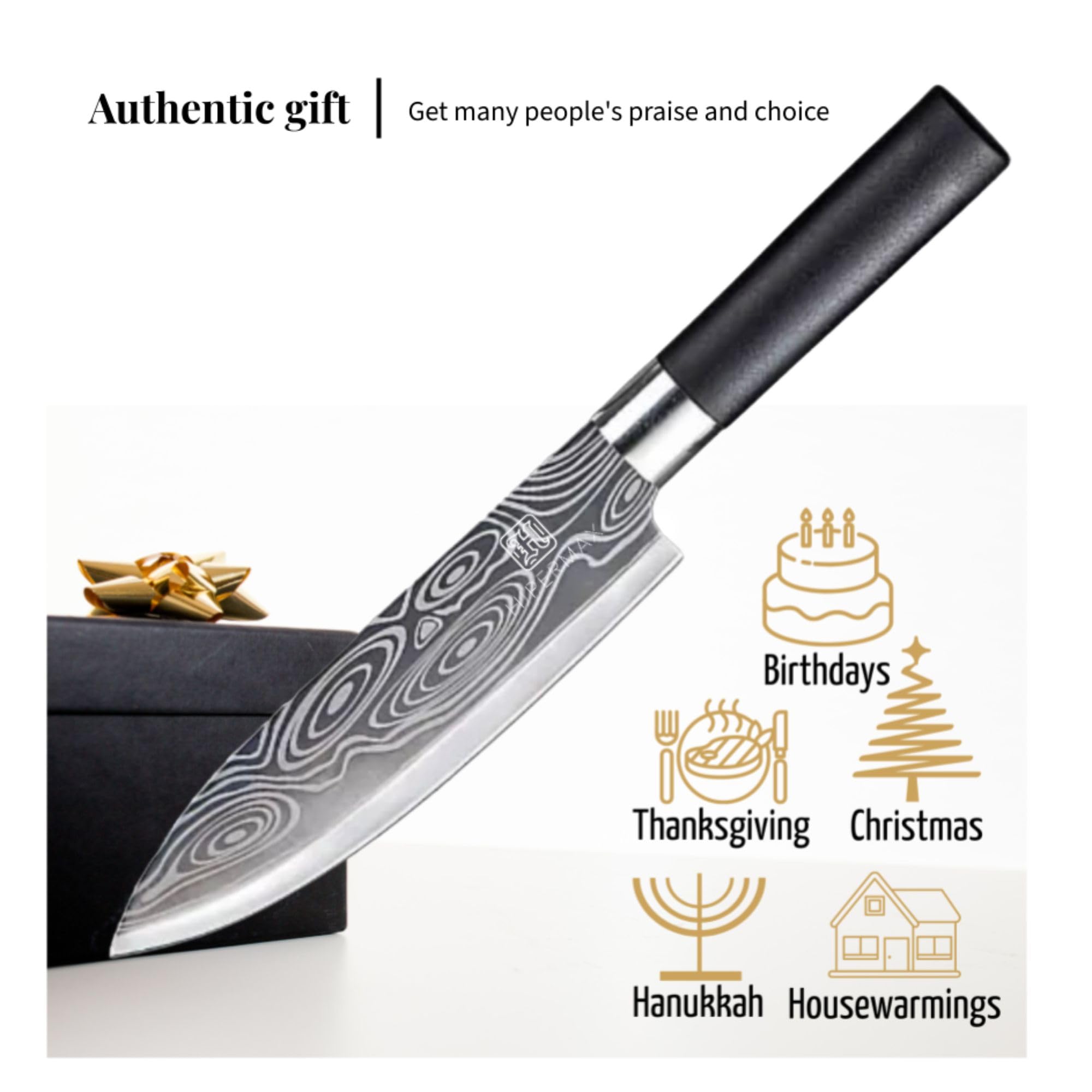 HIPERMAX kitchen knife professional multi-purpose 7 inch Damascus model, sharpened stainless steel with black ergonomic plastic handle for cutting food, deluxe gift box