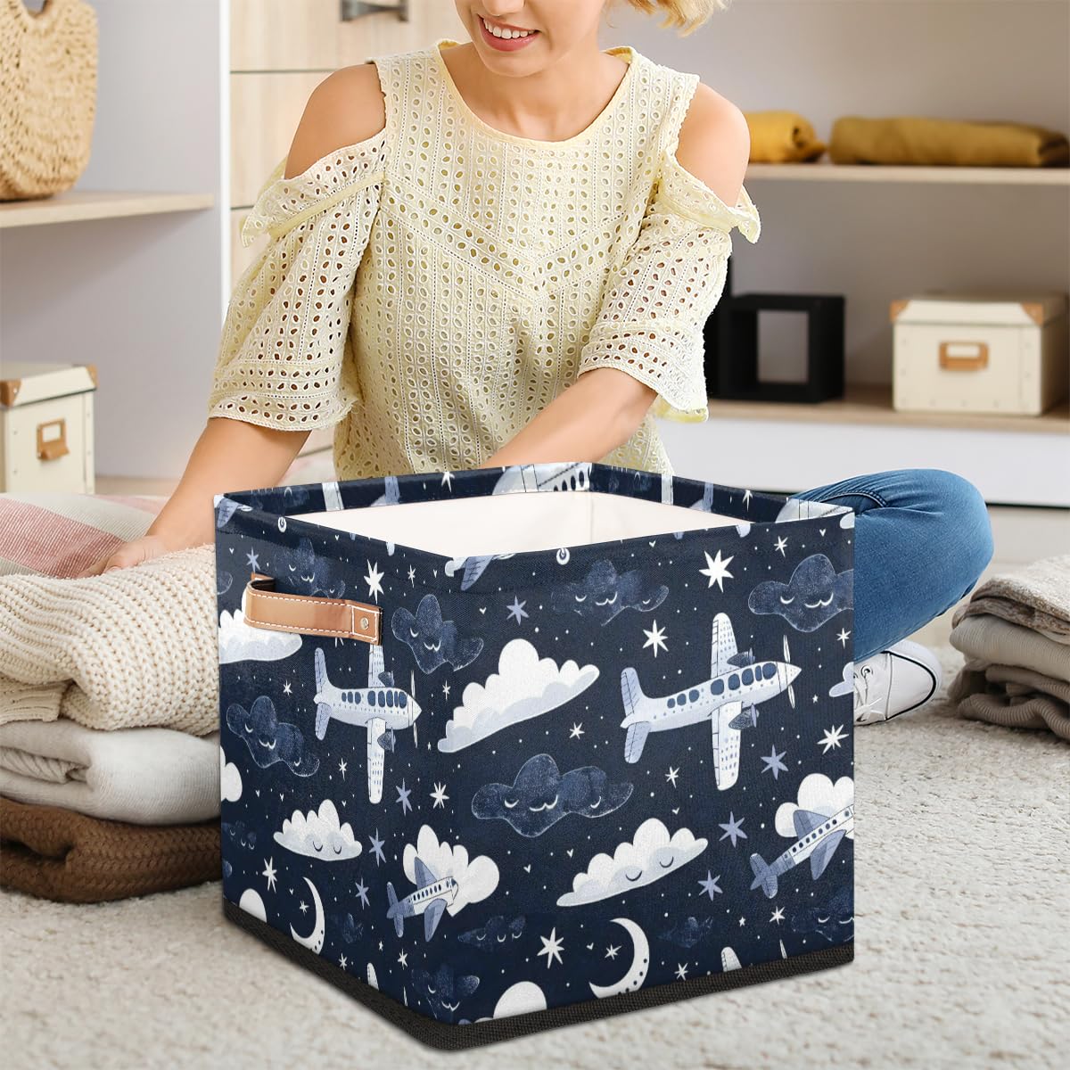 Tablerazzi Aircraft Cube Storage Bin, 13 Inch Collapsible Fabric Storage Cube Bin, Flying Airplane Navy Blue Foldable Cube Baskets for Shelf, Closet, Organizer