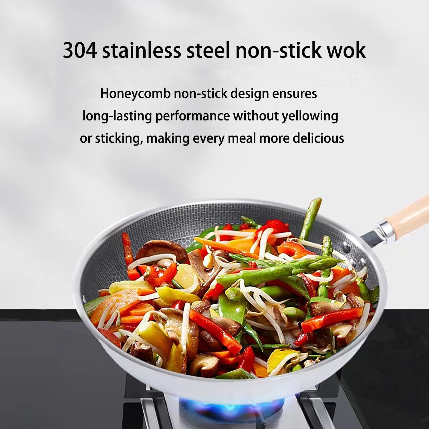 Abangdun 13.4 inch Non Stick Frying Wok Stainless Steel Stir-fry Wok Honeycomb Concave Wok Works on Concave