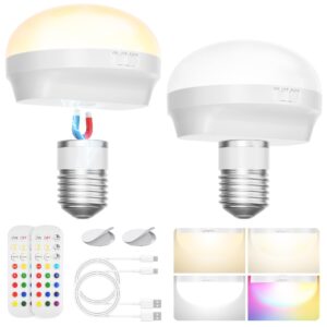 2 packs e26 rechargeable light bulbs, magnetically 450lm/3-color temperature/rgb/60w equivalent, battery operated light bulb with remote control/timer/dimmer/detachable for non-hardwired