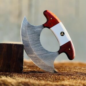 Bodacious Knives Damascus Ulu Knife- Handmade 5.5"" Alaskan Pizza Cutter Small Ulu Knife with Sheath- Ideal Alaska gifts for Chopping, Slicing, Mincing, and Skinning (Red & White), Traditional