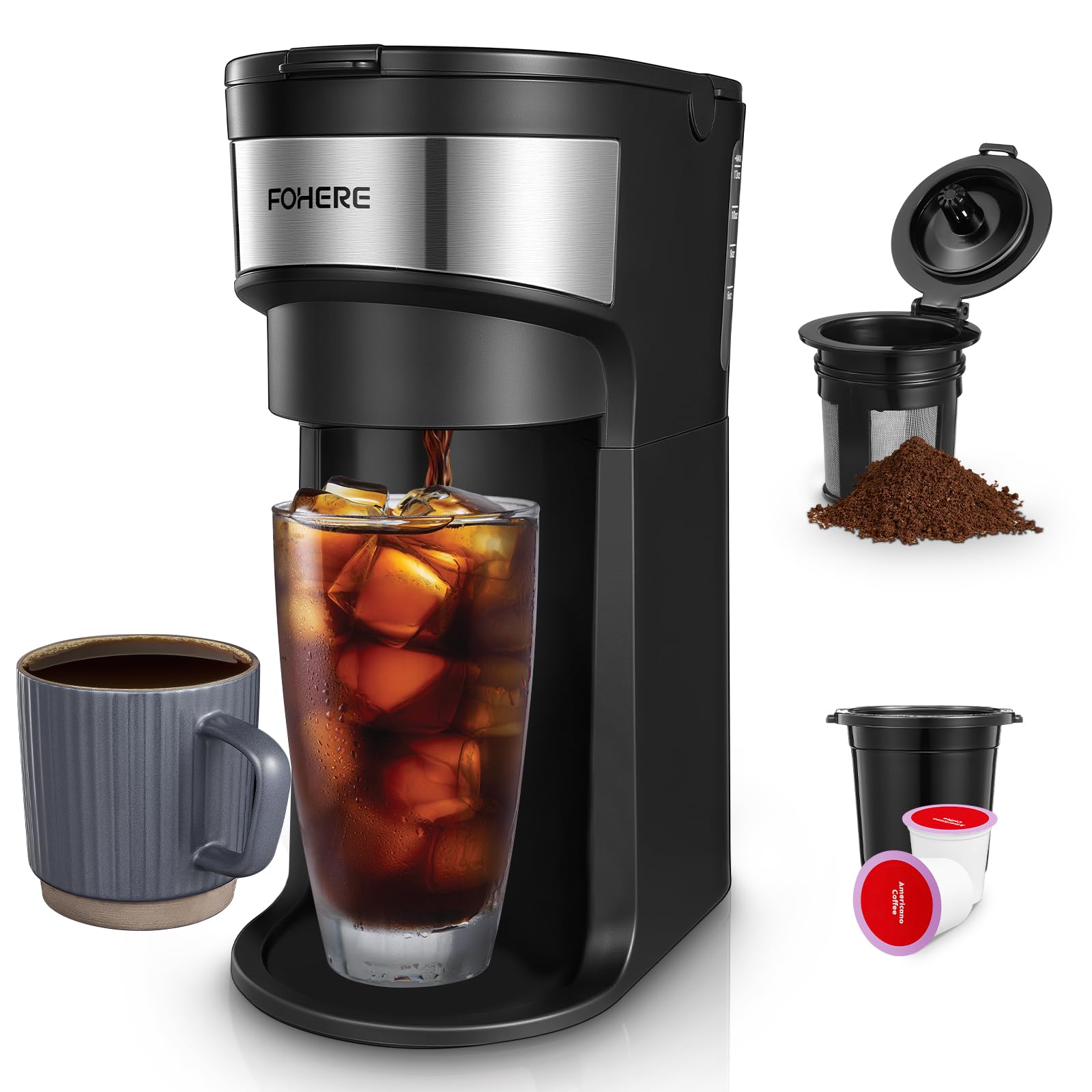 FOHERE Coffee Maker, Single Serve Iced and Hot Coffee Brewer for K Pod & Ground Coffee, with 90s Fast Brewing, 6 to 14 Oz Brew Sizes, 1000W Compact Coffee Machine with Water Window and Descaling Mode