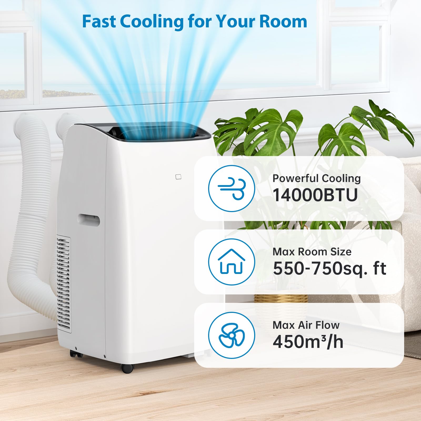 14,000 BTU Portable Air Conditioner and Heater, Smart Inverter Portable AC Units with Remote, Dual Hose, Dehumidifier, and Fan for Rooms Up to 750 Sq. Ft, Self Evaporation System, Utra Quite 42dB