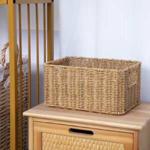 YRMT Rattan Storage Basket Pantry Basket with Built-in Handles Wicker Basket for Organizing Shelves Waterproof Woven Basket Nature 12” x 8” x 6”