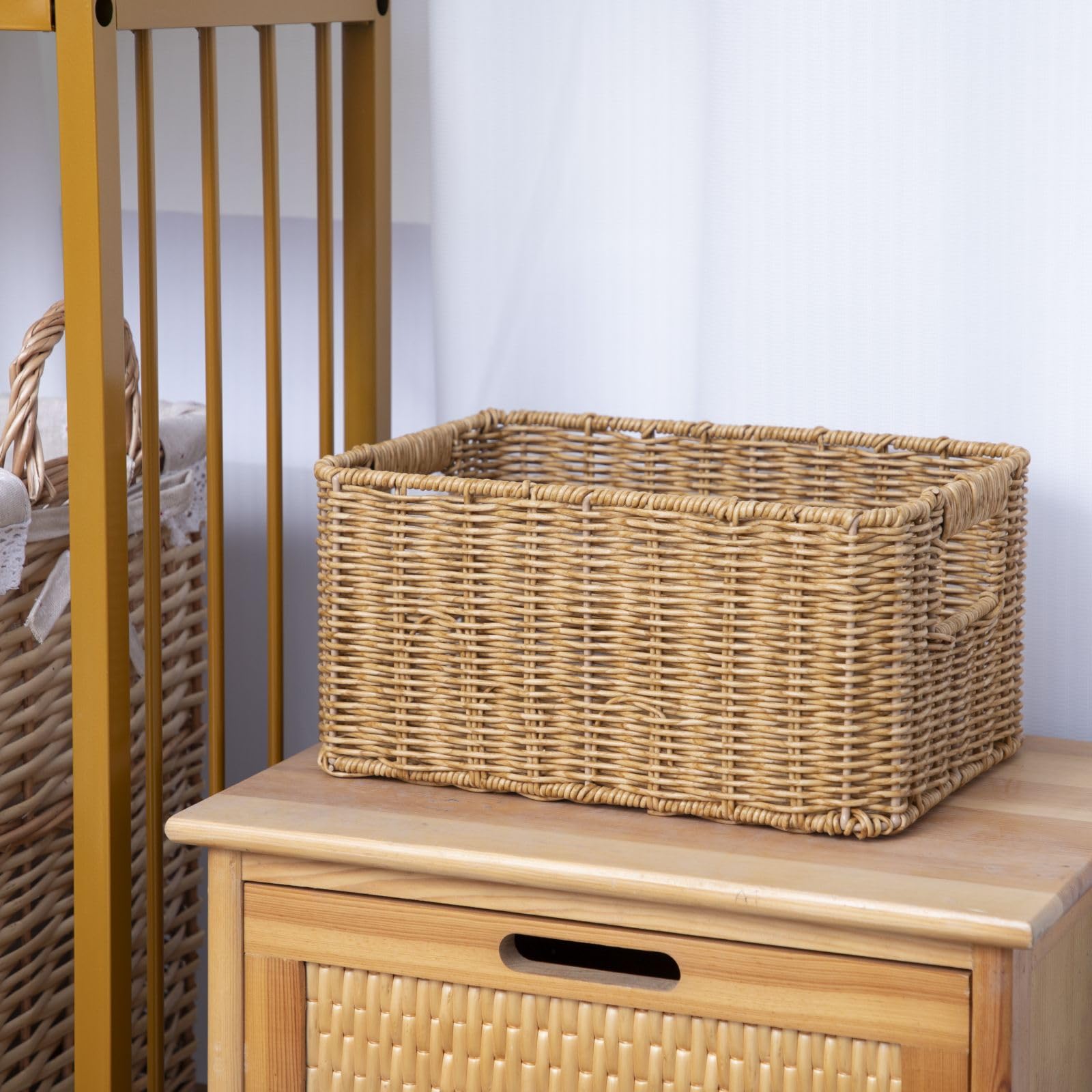 YRMT Rattan Storage Basket Pantry Basket with Built-in Handles Wicker Basket for Organizing Shelves Waterproof Woven Basket Nature 12” x 8” x 6”