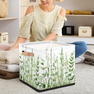 Tablerazzi Sage Green Leaves Cube Storage Bin, 13 Inch Collapsible Fabric Storage Cube Bin, Spring Eucalyptus Foldable Cube Baskets for Shelf, Closet, Organizer