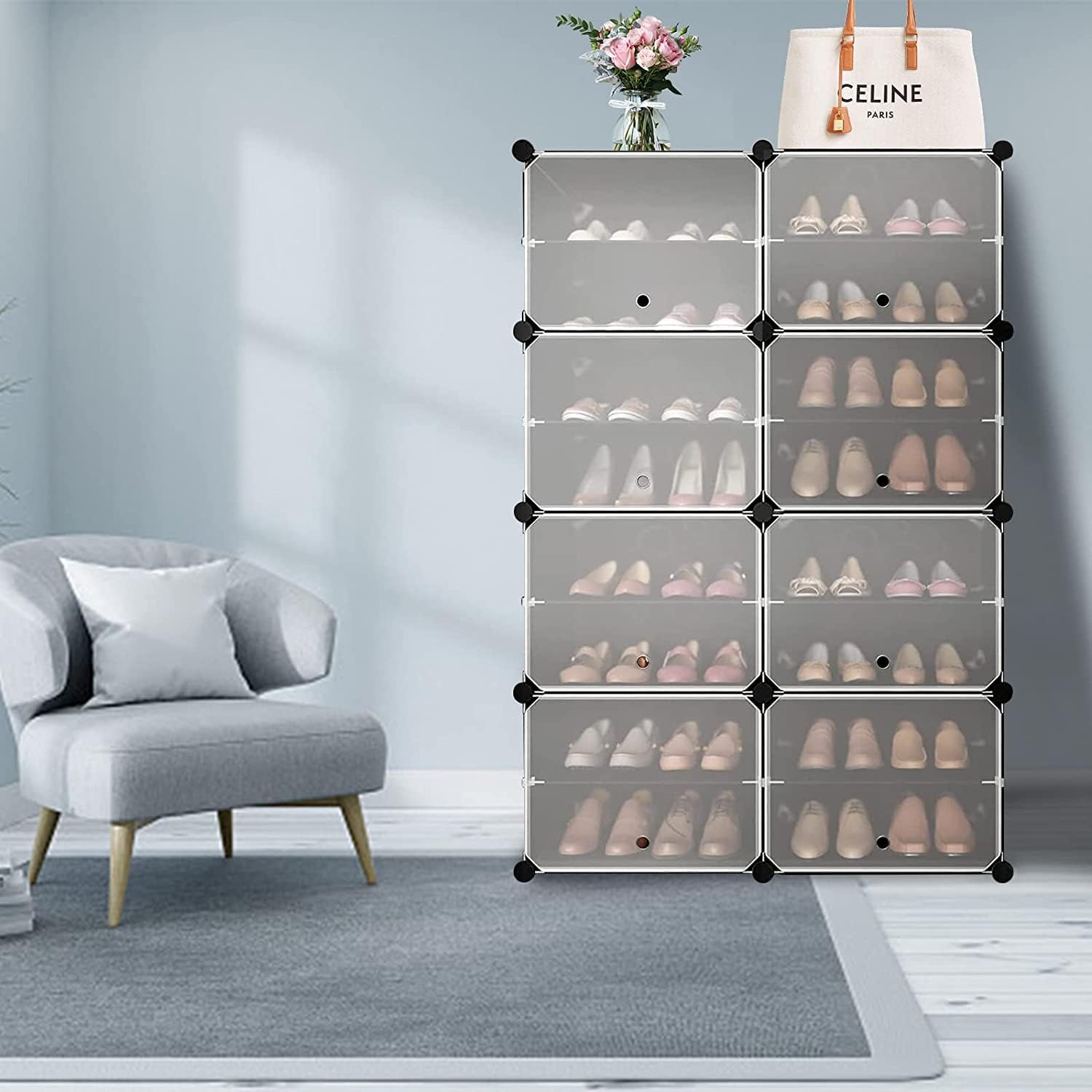 AINIYNM Shoe Rack Organizer 8 Tier Shoe Storage Cabinet 32 Pairs Covered Shoe Rack with Door Expandable Free Standing Stackable Space Shoe Rack with Versatile Hooks for Entryway Bedroom