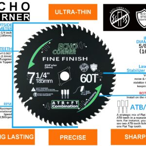 Echo Corner 7-1/4" Ultra Wood Finish Circular Saw Blade Combination ATB+Flat 60-Tooth with 5/8" & Diamond Arbor for Plywood MDF Plastic Veneer Lumber Laminate Acrylic LVP