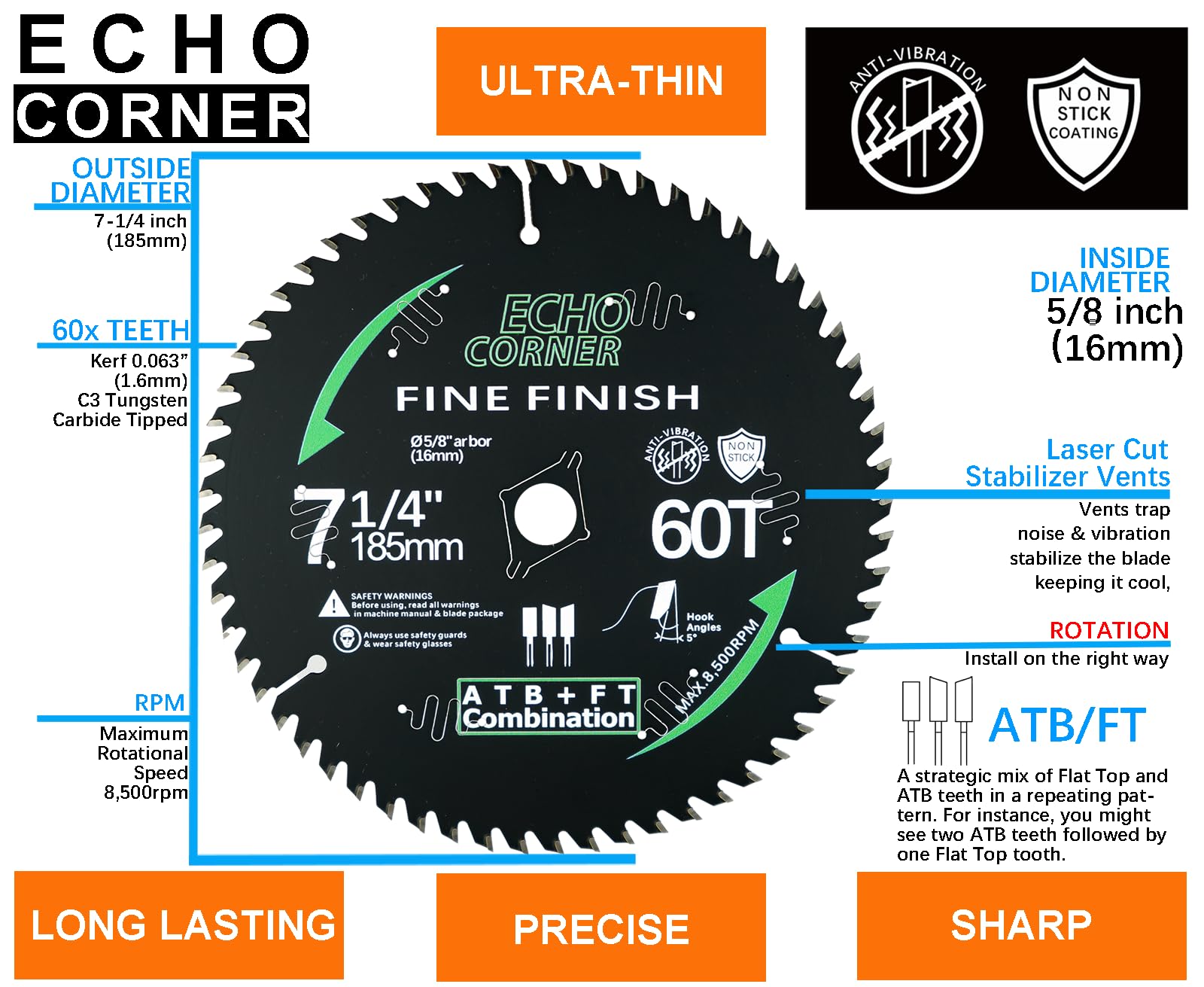 Echo Corner 7-1/4" Ultra Wood Finish Circular Saw Blade Combination ATB+Flat 60-Tooth with 5/8" & Diamond Arbor for Plywood MDF Plastic Veneer Lumber Laminate Acrylic LVP