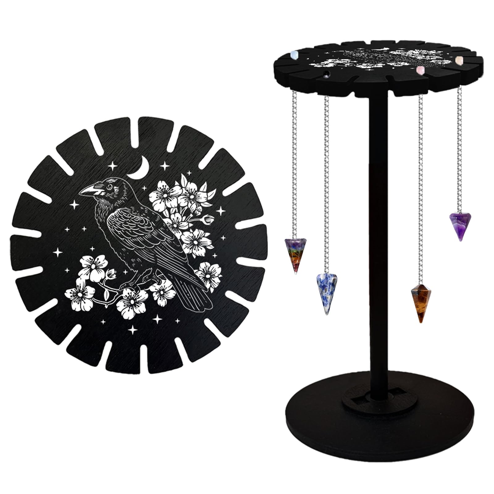 CHGCRAFT Crow Flower Pendulum Holder Crystal Shelf Black Crystal Display Shelf Pendulum Display Stand with Hand Moon Witch Stuff Wooden Pendulum Holder Stand for Crystal Essential Oil