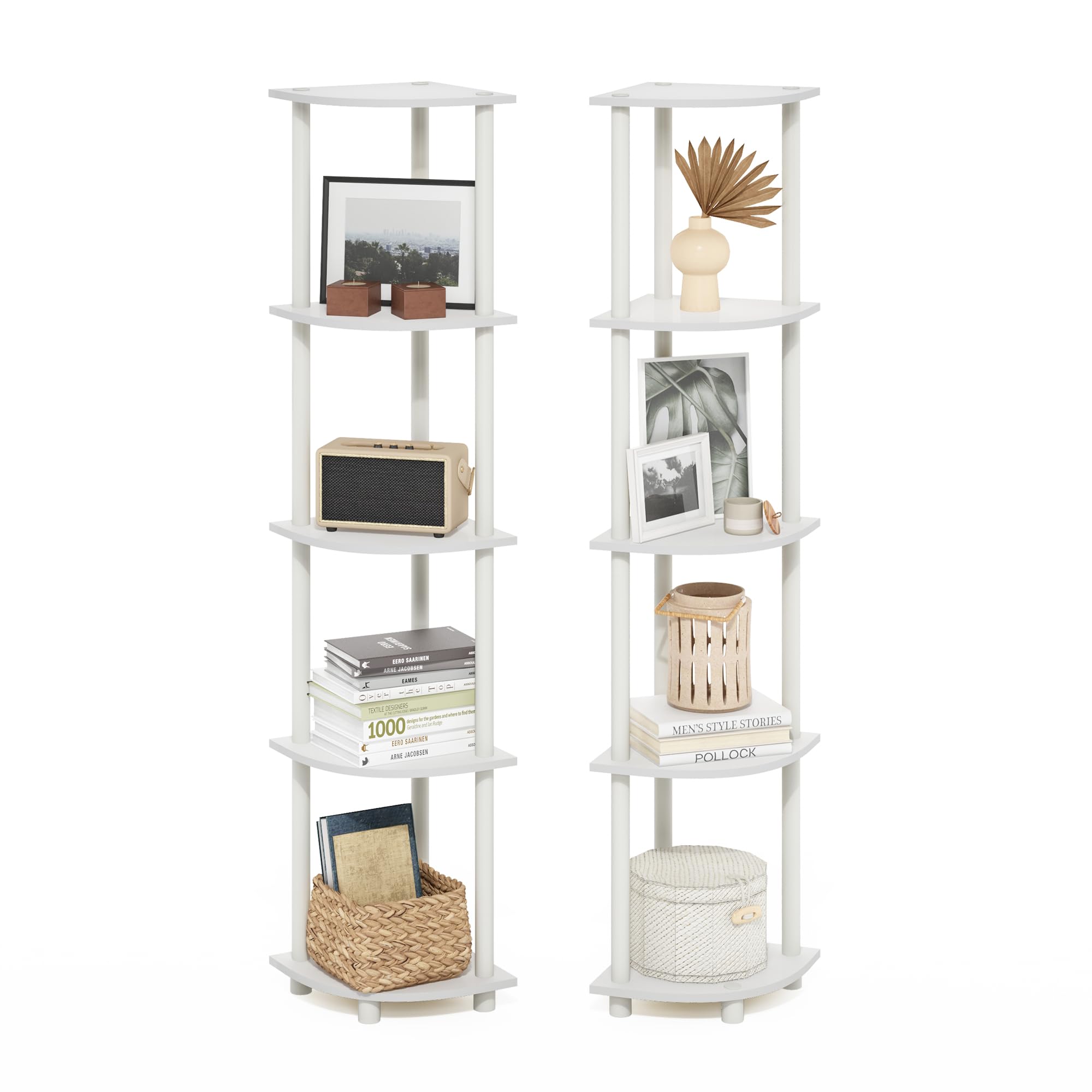 Furinno Turn-N-Tube 5 Tier Corner Display Rack Multipurpose Shelving Unit, White/White, Set of 2