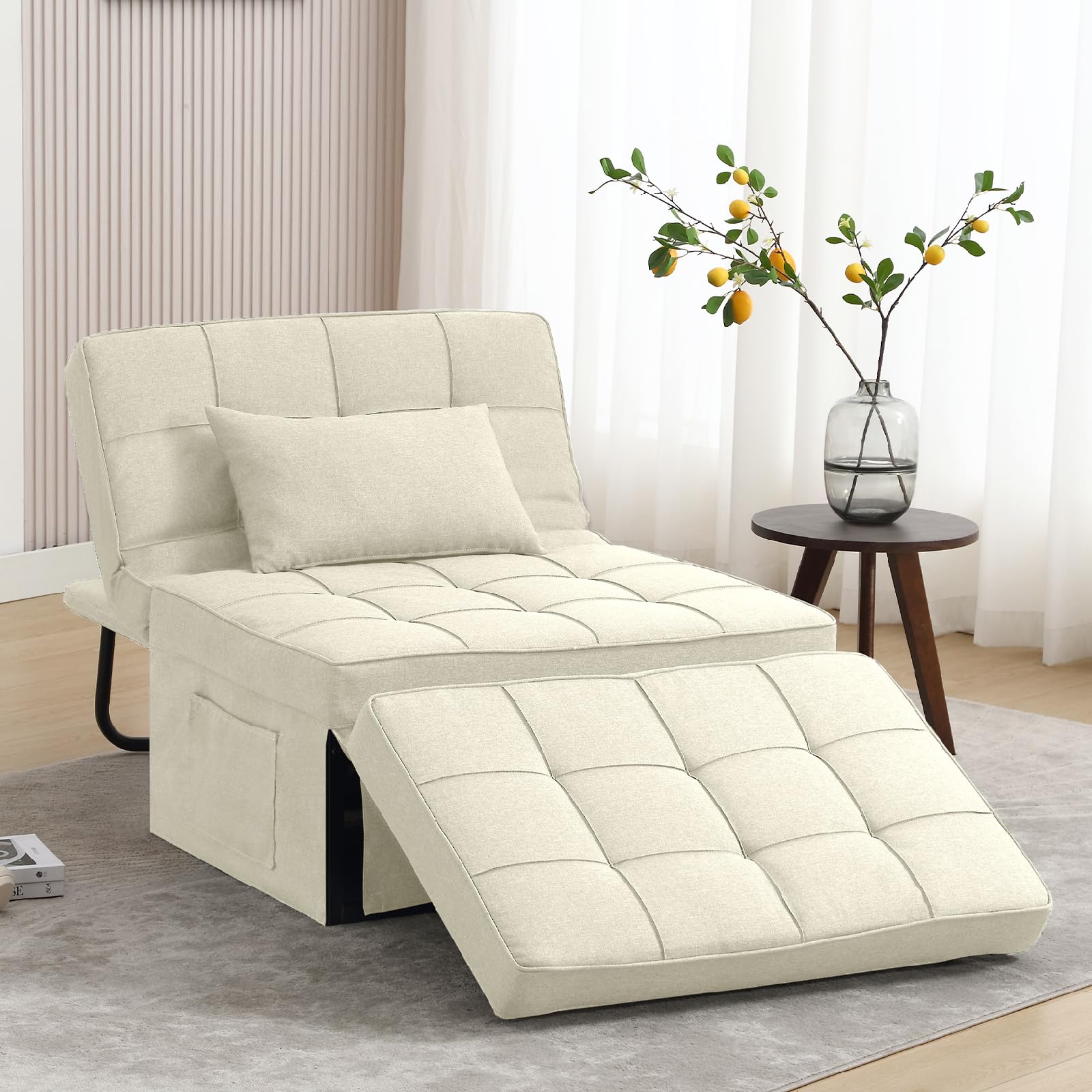 Apicizon 72.5'' Couch Bed, 4 in 1 Convertible Sofa Bed Free Assembly，Multi Function Ottoman Chair Lounger Bed with Adjustable Backrest for Living Room, Small Space，Light Beige