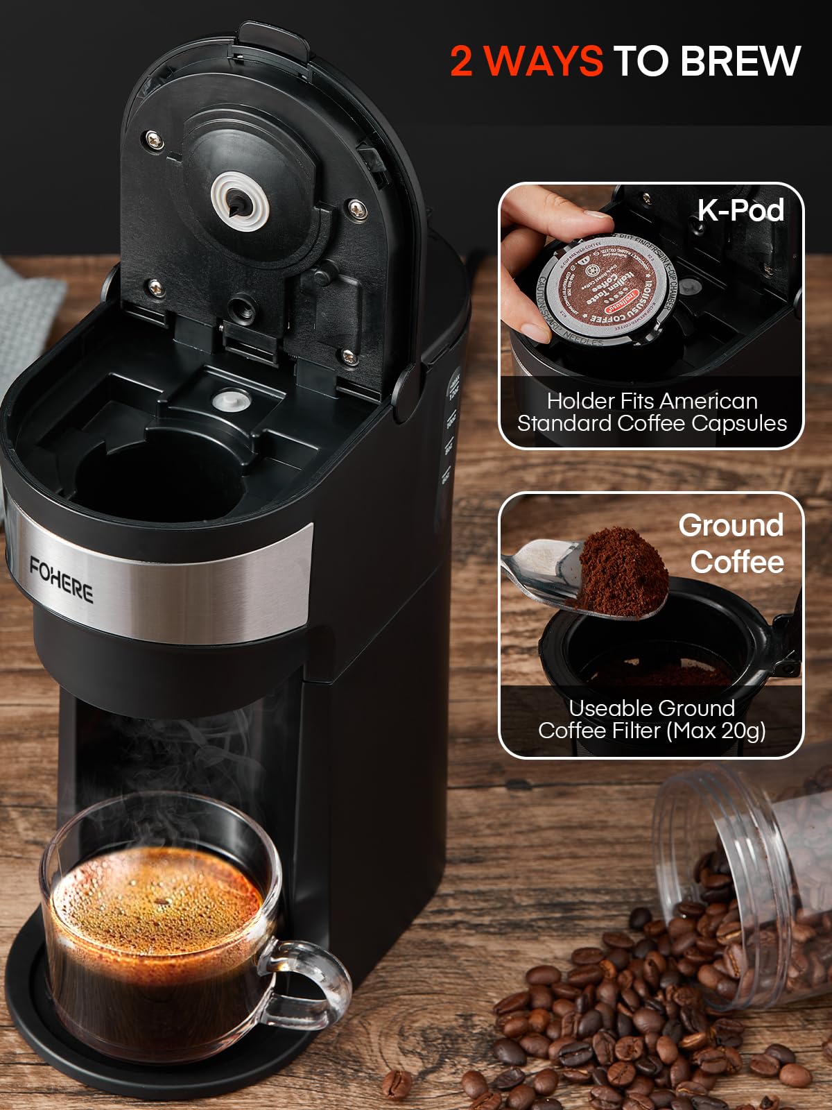 FOHERE Coffee Maker, Single Serve Iced and Hot Coffee Brewer for K Pod & Ground Coffee, with 90s Fast Brewing, 6 to 14 Oz Brew Sizes, 1000W Compact Coffee Machine with Water Window and Descaling Mode