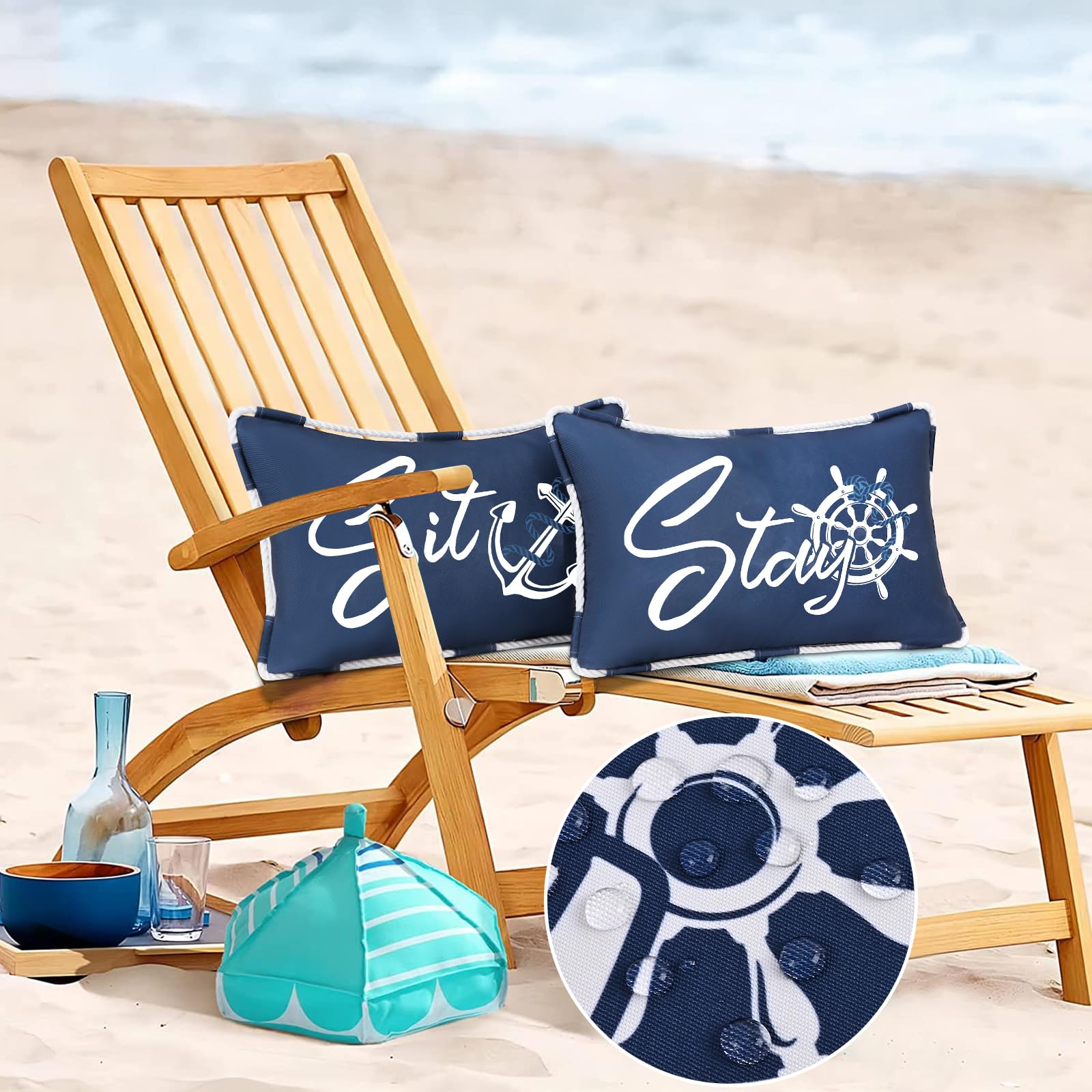 Likiyol Outdoor Pillow Covers 12x20 Inch, Outdoor Waterproof Navy Blue Lumbar Throw Pillows for Patio Porch Furniture Couch Sofa Set of 2, Sit & Stay Decorative Cushion Cover for Summer, Blue