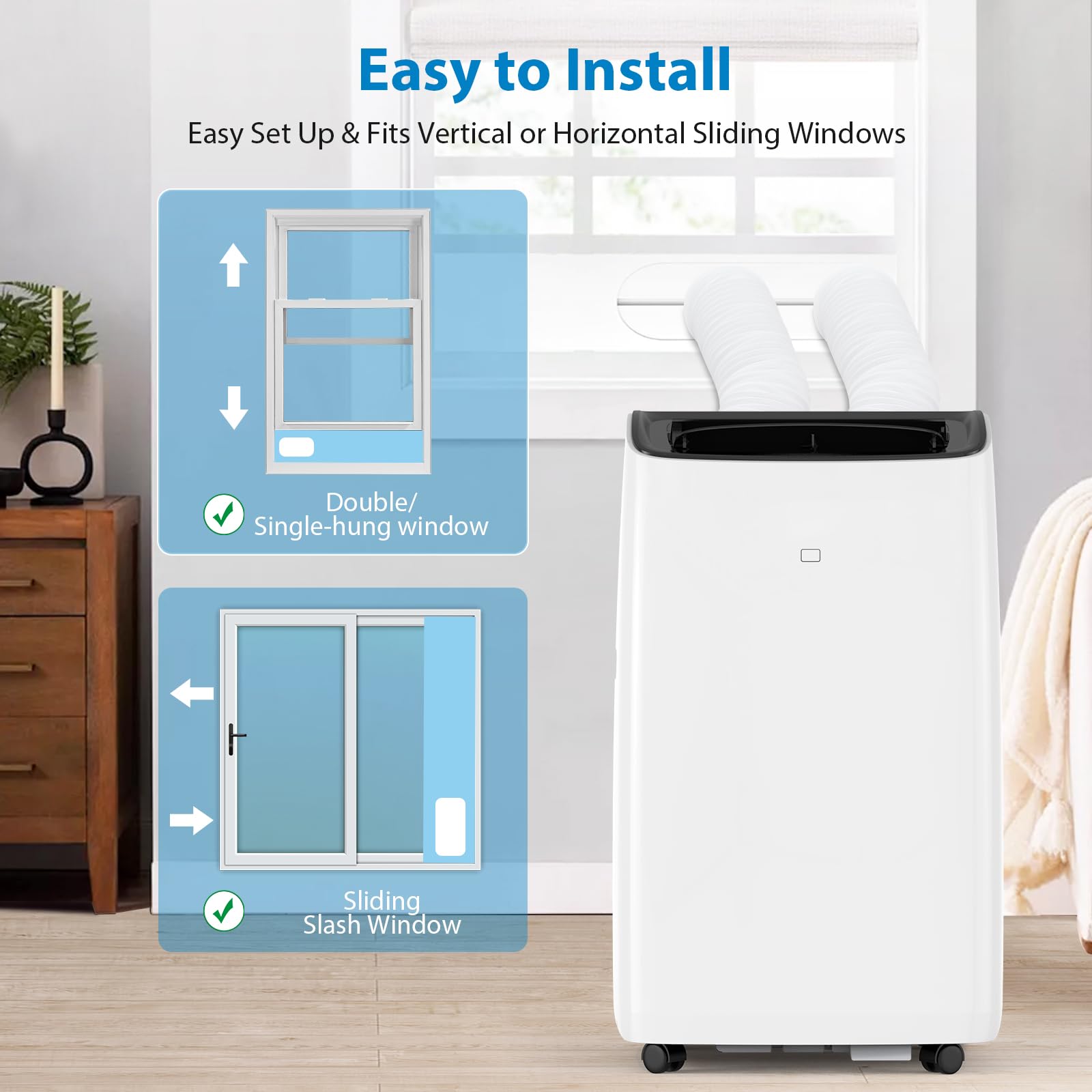 14,000 BTU Portable Air Conditioner and Heater, Smart Inverter Portable AC Units with Remote, Dual Hose, Dehumidifier, and Fan for Rooms Up to 750 Sq. Ft, Self Evaporation System, Utra Quite 42dB