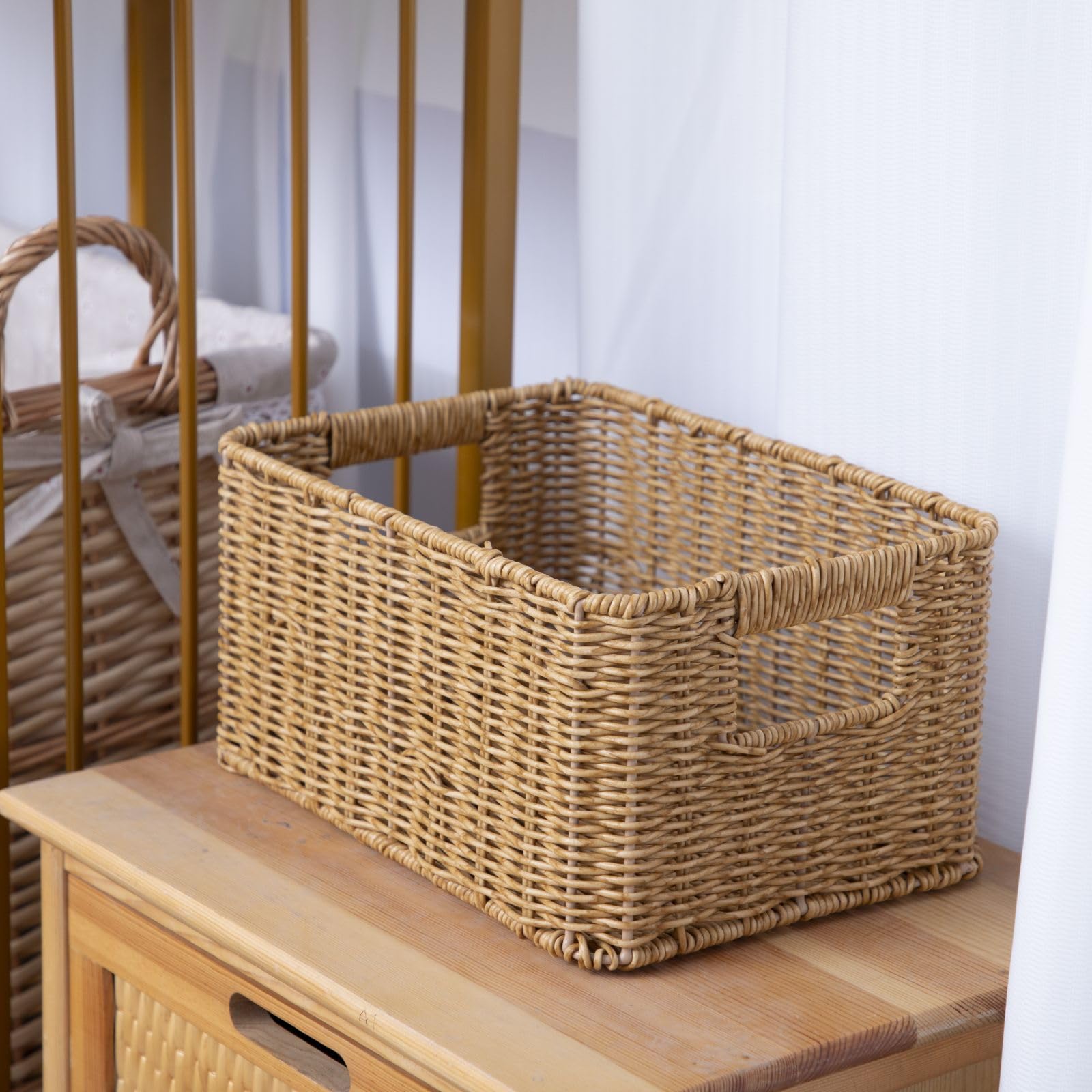 YRMT Rattan Storage Basket Pantry Basket with Built-in Handles Wicker Basket for Organizing Shelves Waterproof Woven Basket Nature 12” x 8” x 6”