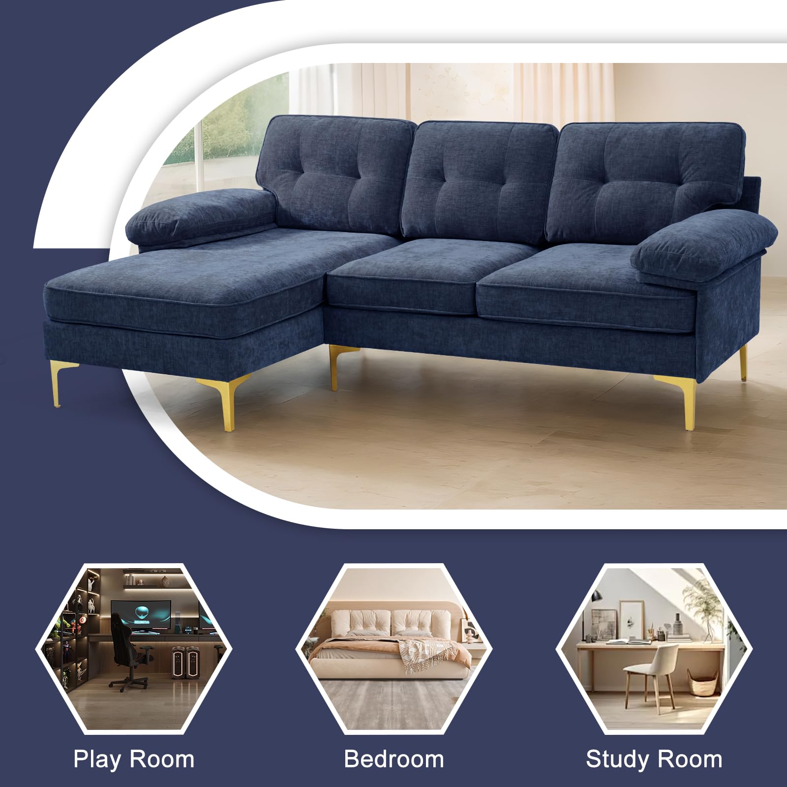 EASELAND 83" Chenille L Shape Couch, Convertible Modern Sofa for Living Room, 3-Seat Comfy Sofa Sectional with L/R Reversible Chaise, Deep Seat Sofa with Fluffy Armrests (Navy)