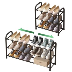 kiplant shoe rack for closet, 3-tier expandable shoe organizer for closet, metal adjustable black shoe shelf storage organizer, free standing shoe rack for entryway closet doorway