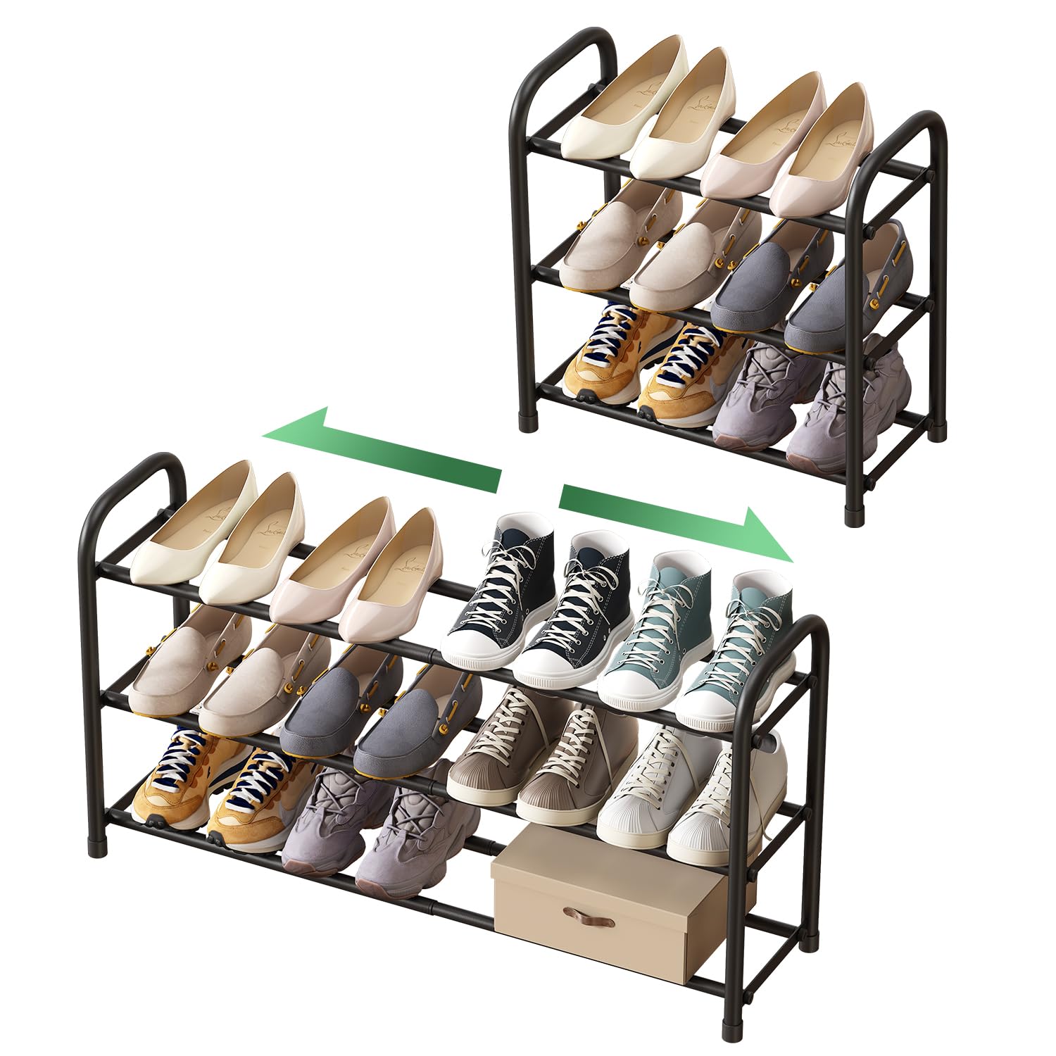 kiplant Shoe Rack for Closet, 3-Tier Expandable Shoe Organizer for Closet, Metal Adjustable Black Shoe Shelf Storage Organizer, Free Standing Shoe Rack for Entryway Closet Doorway