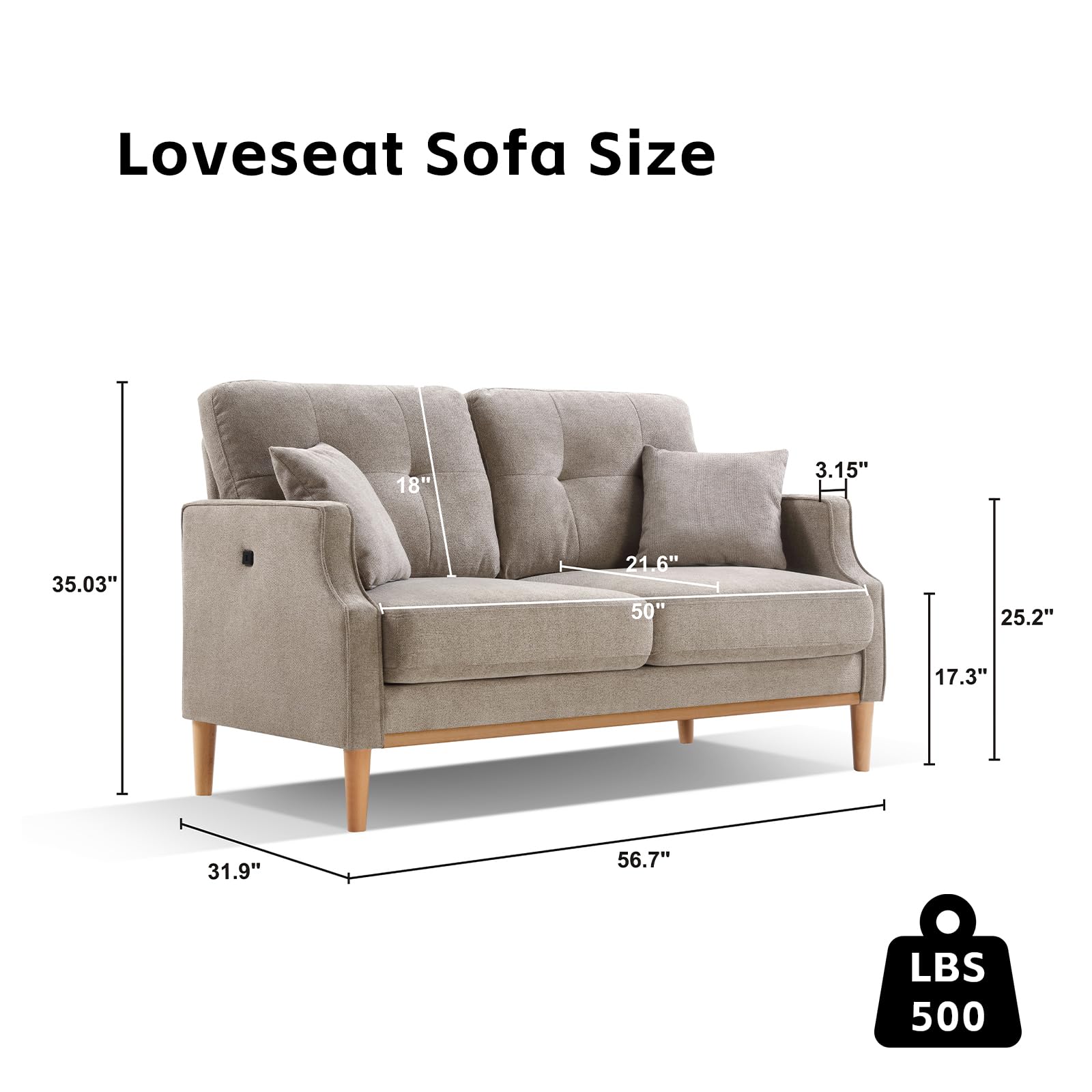 SoarTalent 56.7" Loveseat Sofa Small Couch Fabric Upholstered 2-Seat Sofa with USB Port for Small Place, Apartment, Living Room,Office(Light Grey)