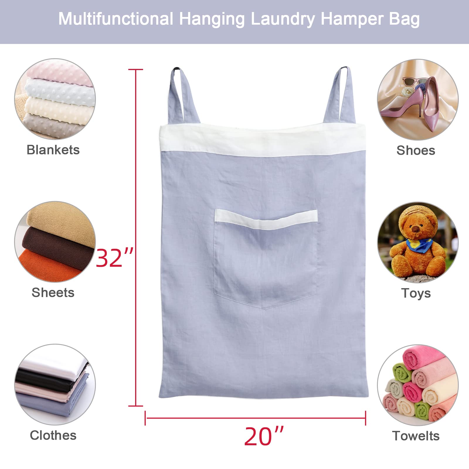 100% Linen Door Hanging Laundry Hamper, Hanging Laundry Bag (20x27Inch) with Front Pocket, Best Choice for Space Saving Over the Door Laundry Hamper, Laundry Hamper Hanging