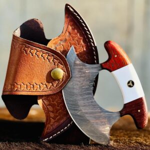 Bodacious Knives Damascus Ulu Knife- Handmade 5.5"" Alaskan Pizza Cutter Small Ulu Knife with Sheath- Ideal Alaska gifts for Chopping, Slicing, Mincing, and Skinning (Red & White), Traditional