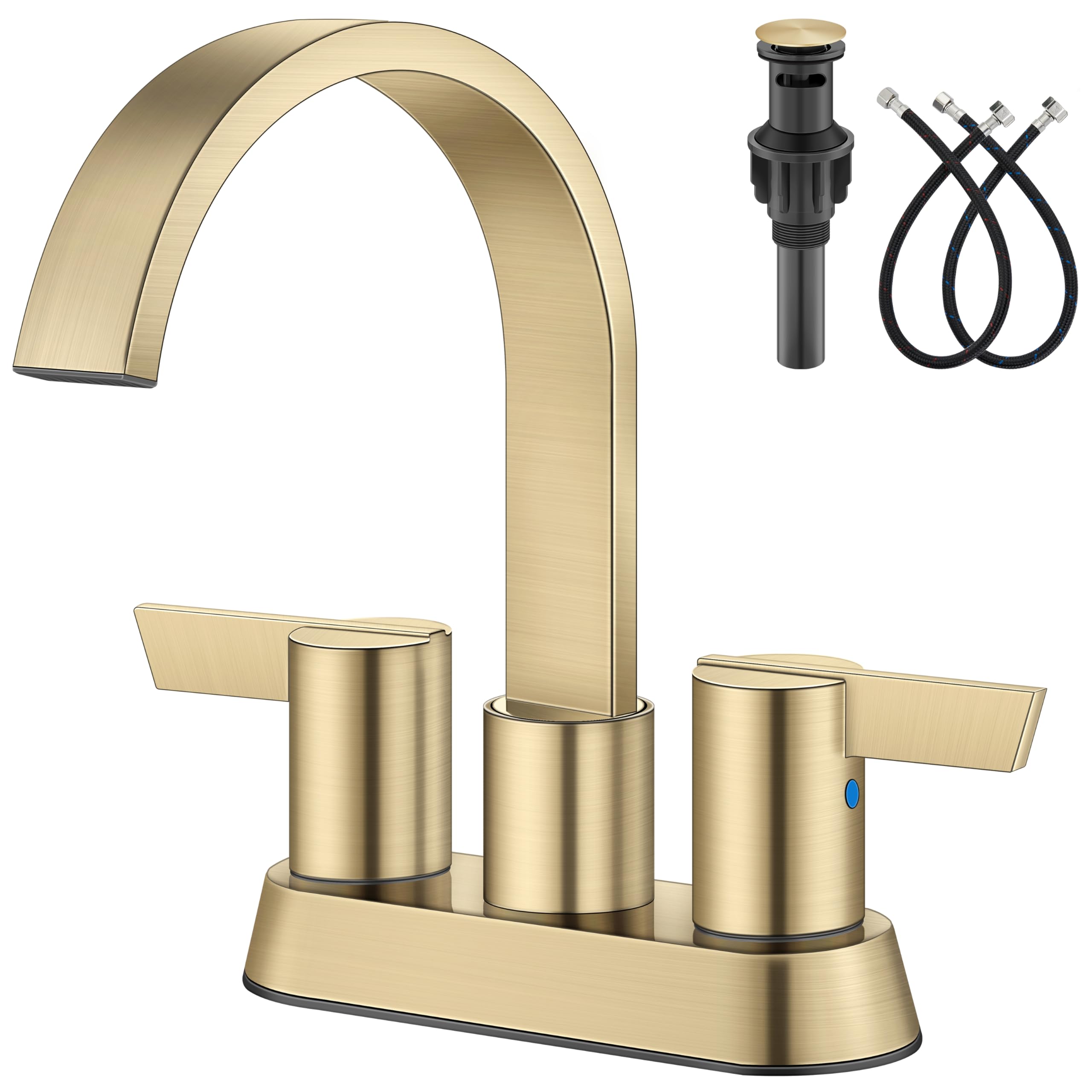 Aolemi Bathroom Faucets for Sink 3 Hole,4 Inch Centerset Waterfall Faucet Bathroom Sink Faucet,2 Handle Faucet for Bathroom Sink,with Pop-Up Drain and Supply Lines,Brushed Gold