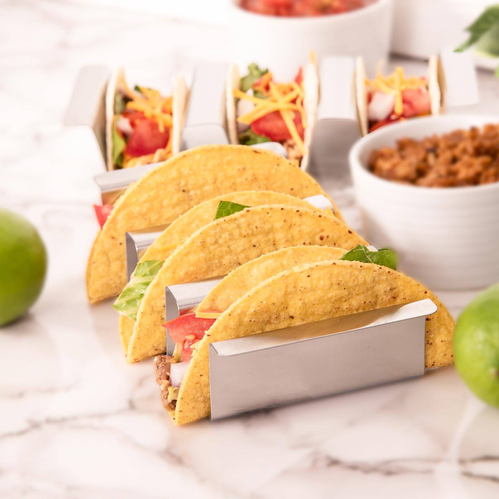 Taco Holder Set of 4-Taco Holders for 3 Tacos Stainless Steel Taco Stand Tray Shell Holder Taco Party Metal Taco Holder Taco Stands Set of 4,Taco Rack-Easy to Clean Dishwasher Safe,Street Taco Ready