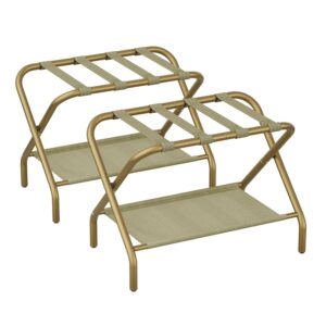 smart fendee set of 2 luggage racks for guest room, gold folding suitcase stand with fabric shelf, steel portable luggage stand bedroom, hotel, easy assembly, hold up to 110 lb, bronze