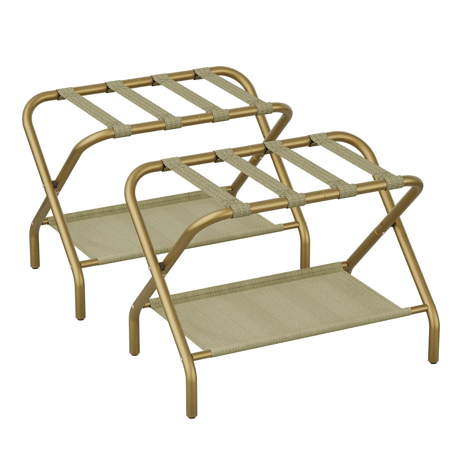 Smart FENDEE Set of 2 Luggage Racks for Guest Room, Gold Folding Suitcase Stand with Fabric Shelf, Steel Portable Luggage Stand Bedroom, Hotel, Easy Assembly, Hold up to 110 lb, Bronze