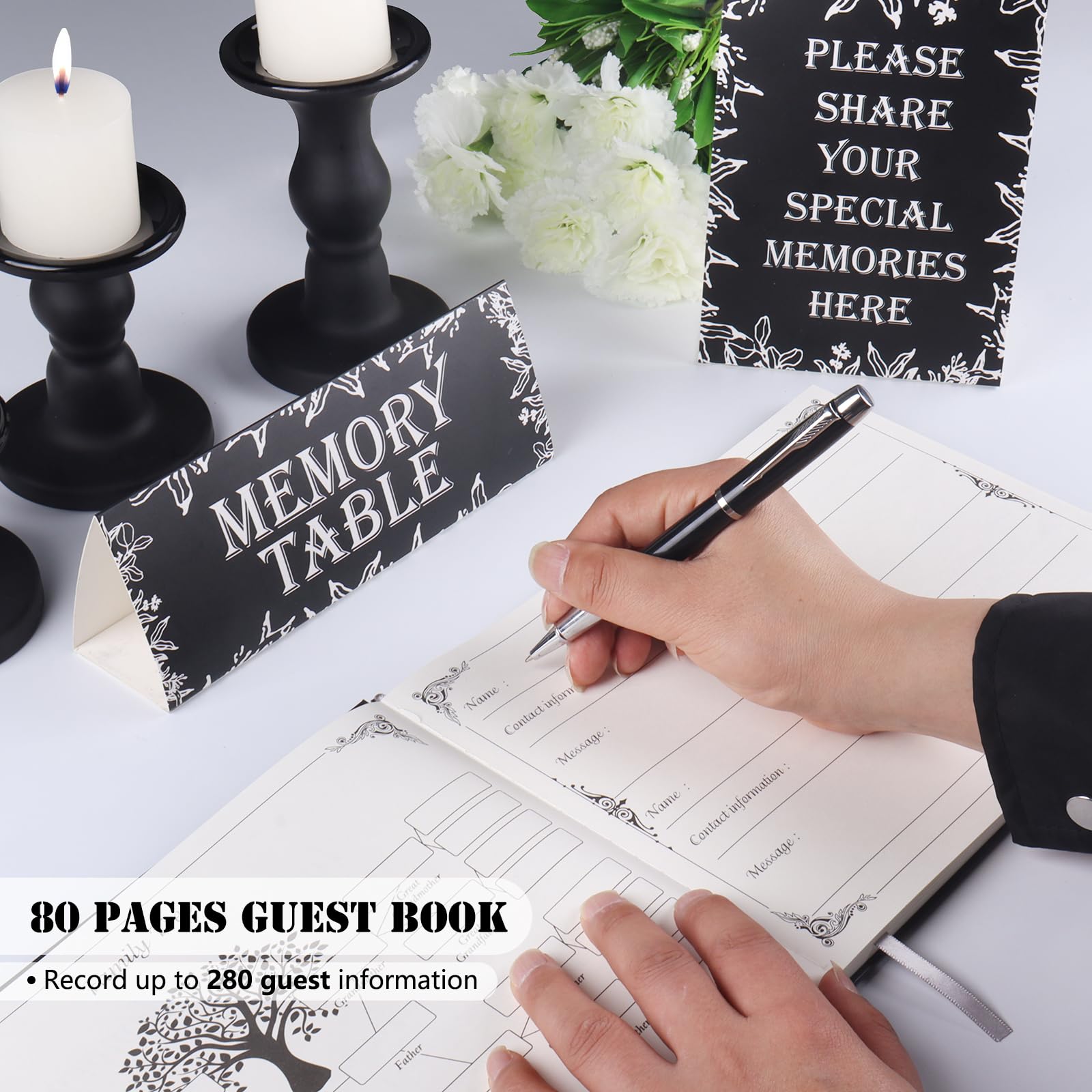 Funeral Guest Book 5PCS Set, in Loving Memory 80 Pages Funeral Sign-in Guestbook for Memorial Service Celebration of Life, Includes Funeral Sign in Book, Pen, Memory Cards, Table Sign (7.7"x10",Black)