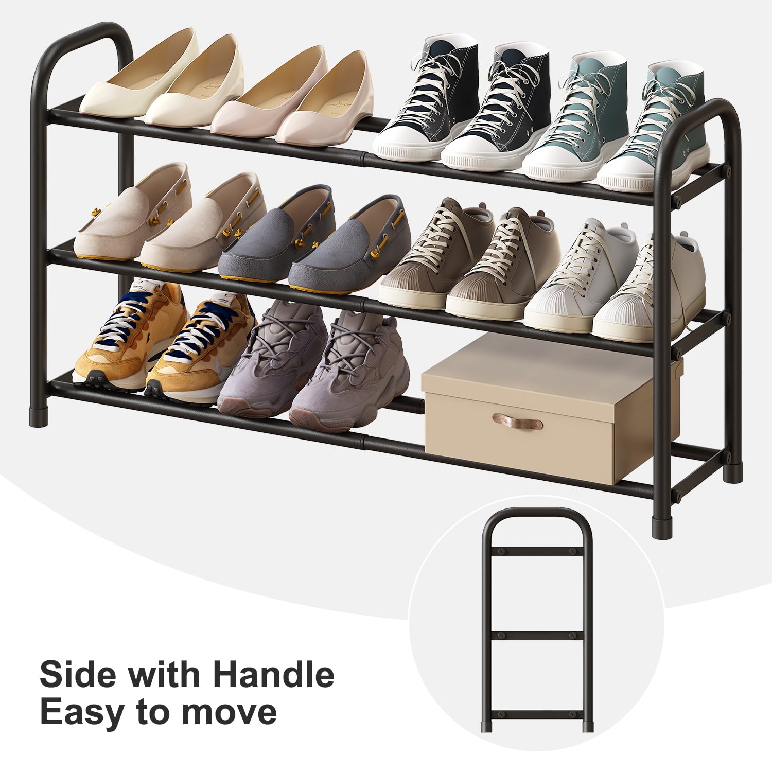 kiplant Shoe Rack for Closet, 3-Tier Expandable Shoe Organizer for Closet, Metal Adjustable Black Shoe Shelf Storage Organizer, Free Standing Shoe Rack for Entryway Closet Doorway