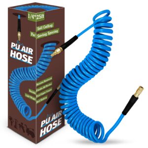 whispering wonder polyurethane recoil air hose,1/4 in x 25 ft air compressor hose with bend restrictor, air hoses with 1/4 solid pure copper quick connect fittings and i/m plug kit, blue