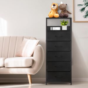 OGEMXU 5 Drawers Dresser for Bedroom, Nightstand with Drawers, Tall Dresser with Fabric Drawers, 2-Tier Wood Top Storage and Organization, Chest of Drawer for Small Space, Bedroom, Apartment, Black