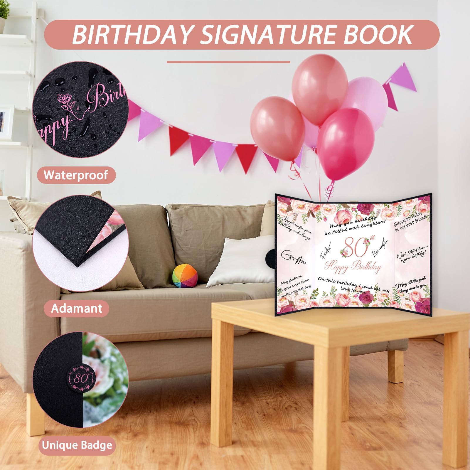 Vlipoeasn 80th Birthday Guest Book Alternative, Black and Pink 80th Birthday Party Decorations for Women, Creative Diamond 80th Birthday Signature Book, Cheers to 80 Year Old Birthday Party Supplies