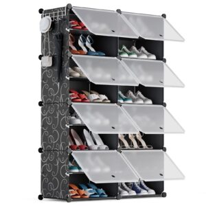 ainiynm shoe rack organizer 8 tier shoe storage cabinet 32 pairs covered shoe rack with door expandable free standing stackable space shoe rack with versatile hooks for entryway bedroom