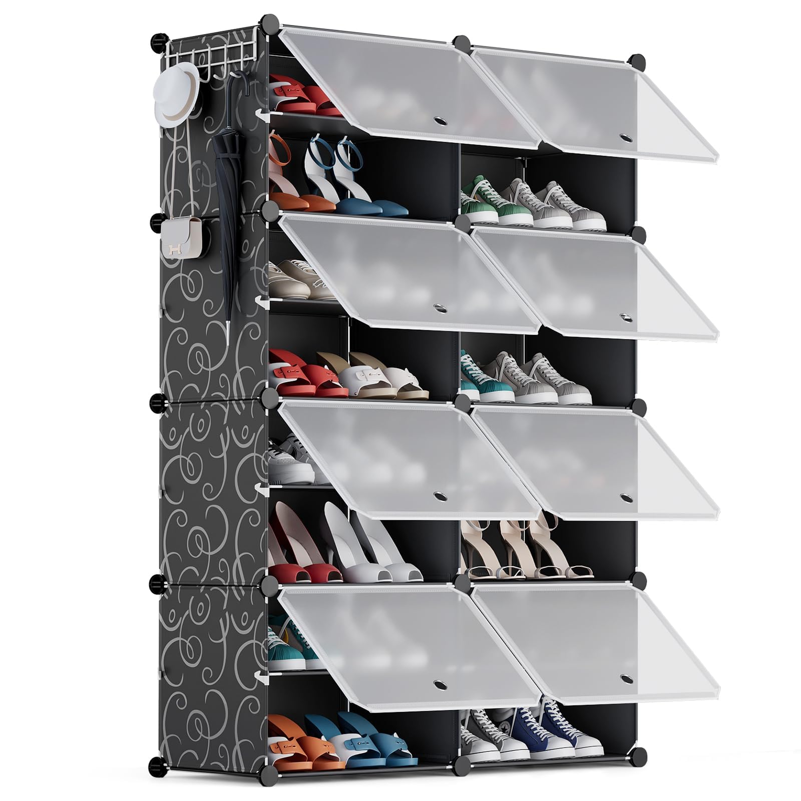 AINIYNM Shoe Rack Organizer 8 Tier Shoe Storage Cabinet 32 Pairs Covered Shoe Rack with Door Expandable Free Standing Stackable Space Shoe Rack with Versatile Hooks for Entryway Bedroom