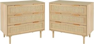 hopubuy large nightstand set of 2 with rattan drawer, modern 3 drawer night stand for bedroom, wooden bedside table for queen size and king size bed,oak