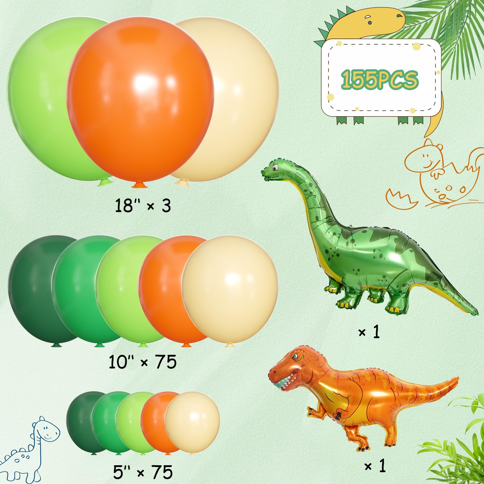 Dinosaur Balloons Arch Garland Kit For Boys Green Orange Dino Foil Balloons Birthday for Jungle Safari Themed Party Baby Shower Decorations Supplies Kids