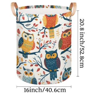 Tablerazzi Laundry Hamper Owl Colorful Large Collapsible Laundry Baskets Waterproof Clothes Hamper with Leather Handles for Bedroom, Bathroom, Dorm, Toys