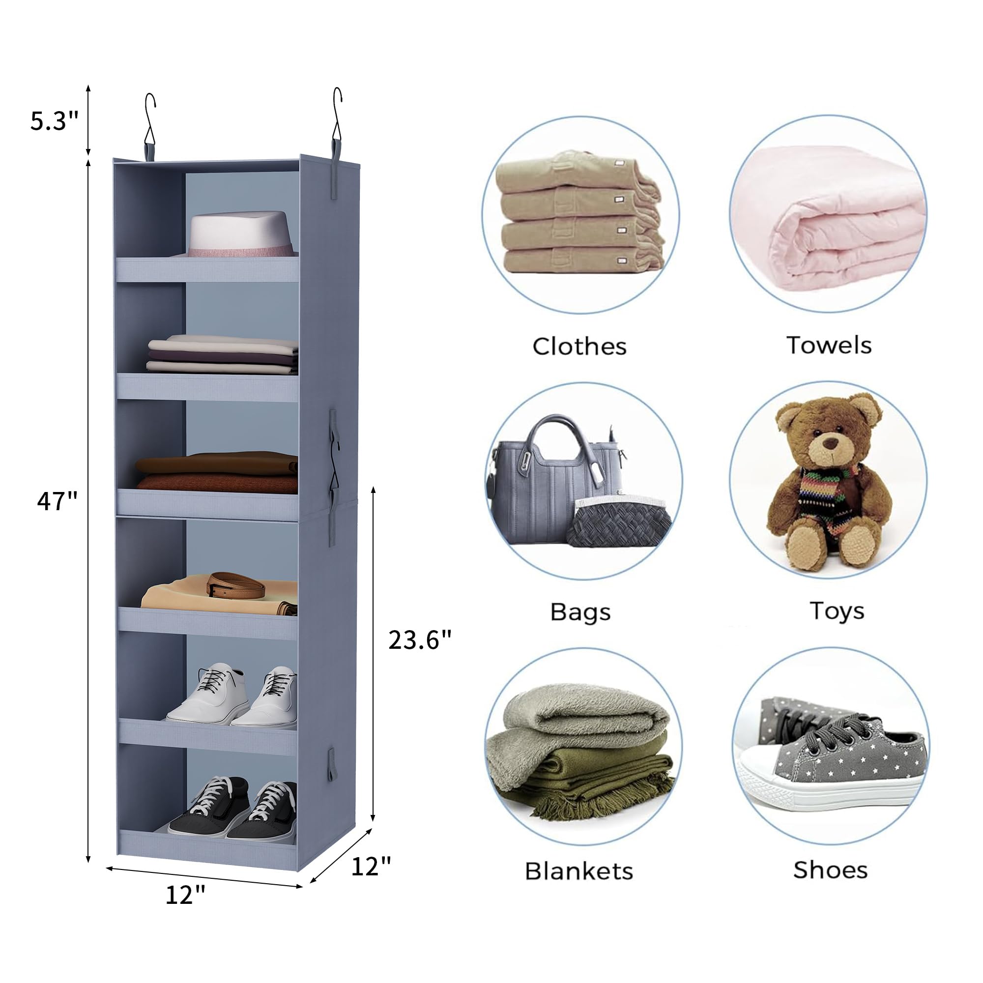 FLYBOX Hanging Closet Organizer, Collapsible Closet Hanging Organizer, 3 Shelf Sturdy Hanging Shelves for Closet & Ideal for RV,Camper Bed Side Closets Gray, 29 ¾" H X 12" W X 12" D, 1-Pack