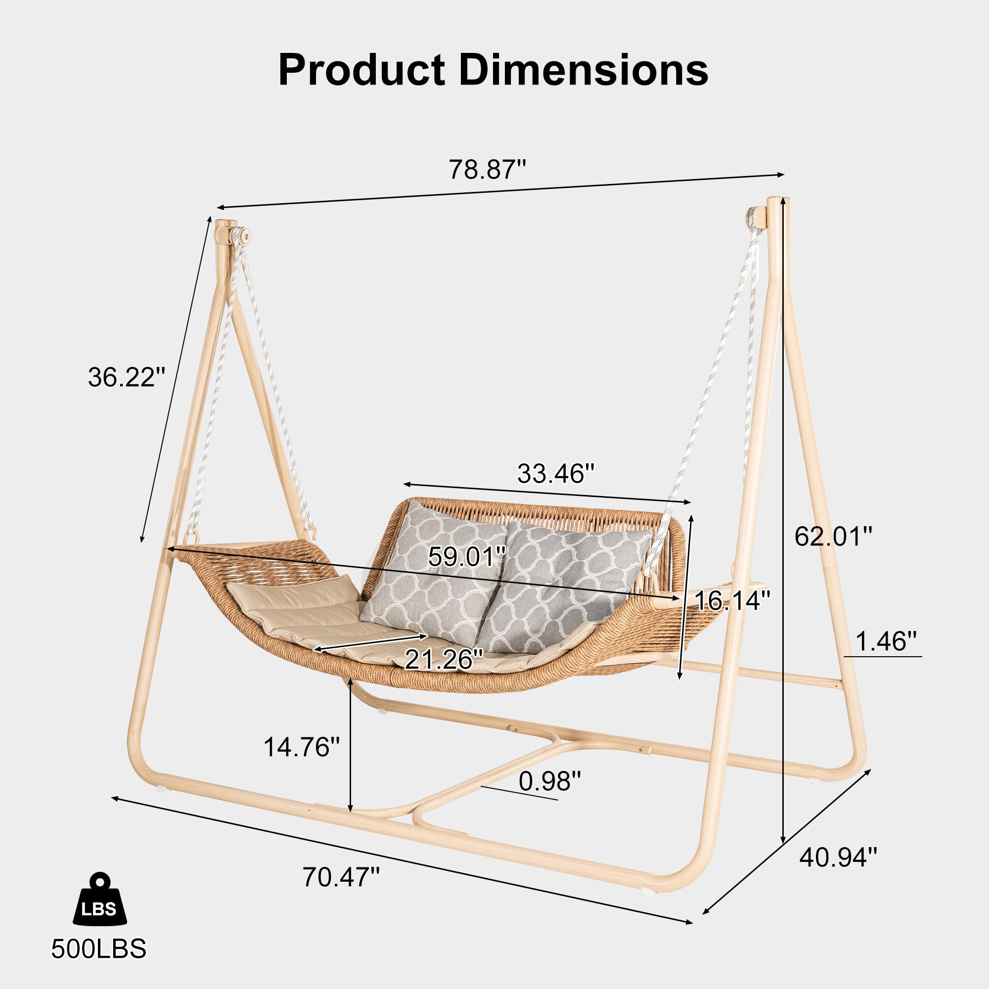 PURPLE LEAF 2 Seat Cloud Swing Chair with Stand Patio Wicker Bench Glider Loveseat Hanging Swinging for Indoor Outside Backyard Garden Outdoor Hammock Porch Swing, Cushion and Pillows Included