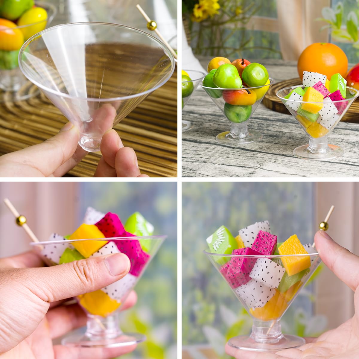 Cashger 100 Pack Plastic Martini Glasses 5 Oz Mini Dessert Cups Clear Cocktail Glasses with Cocktail Sticks Clear Short Stem Shot Glasses for Party Wine, Desserts and Appetizers