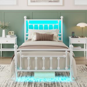 punice bed frame twin size with charging station, led bed frame with victorian style iron-art headboard/footboard, under-bed storage, no box spring needed, easy assembly, white