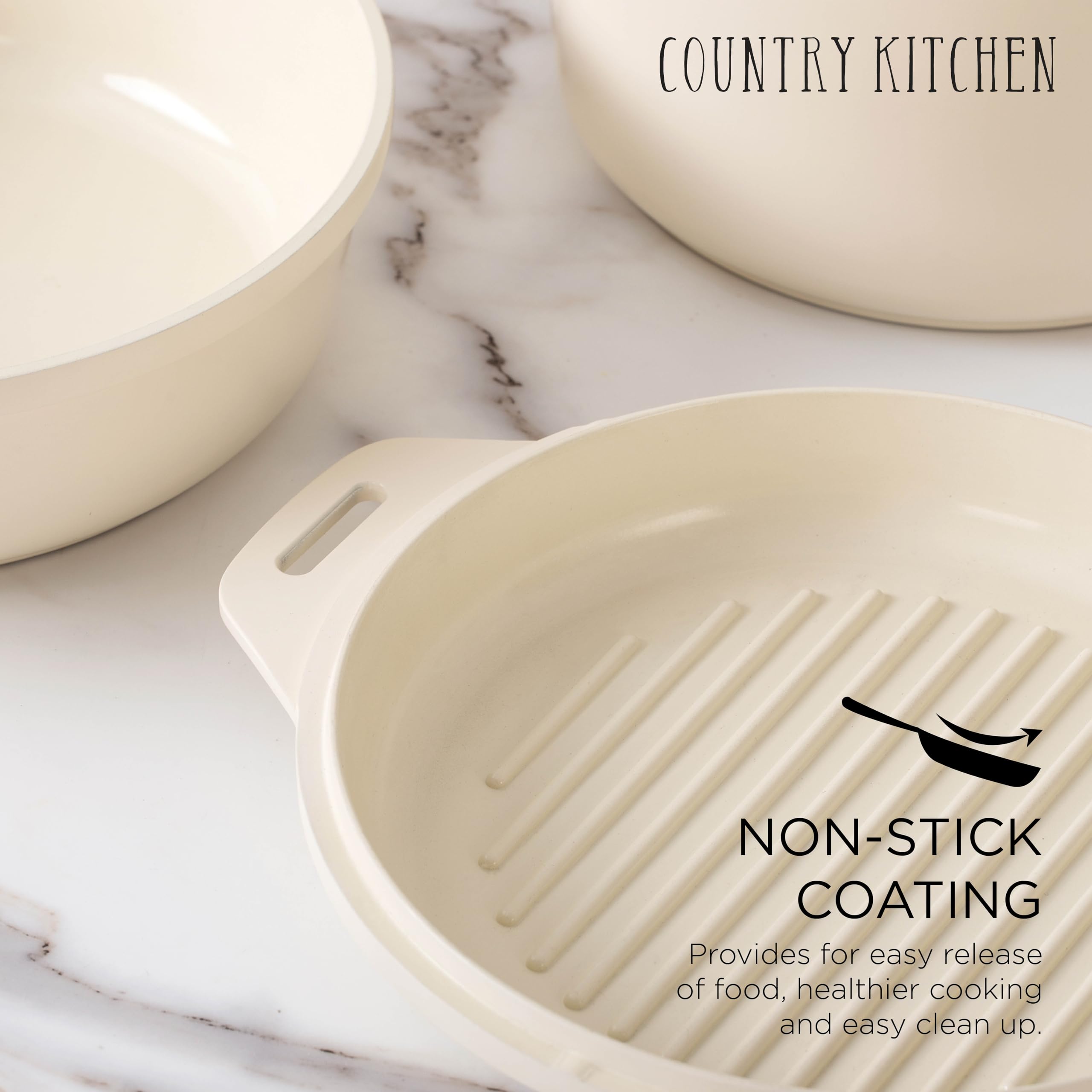 Country Kitchen 6 PC Stackable Pot Set, Nonstick Detachable Handle Cookware, Cookware Set with Removable Handle, Healthy Non Stick RV Cookware (Cream)