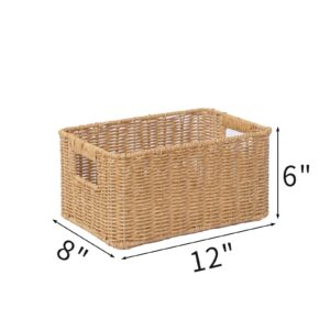 YRMT Rattan Storage Basket Pantry Basket with Built-in Handles Wicker Basket for Organizing Shelves Waterproof Woven Basket Nature 12” x 8” x 6”