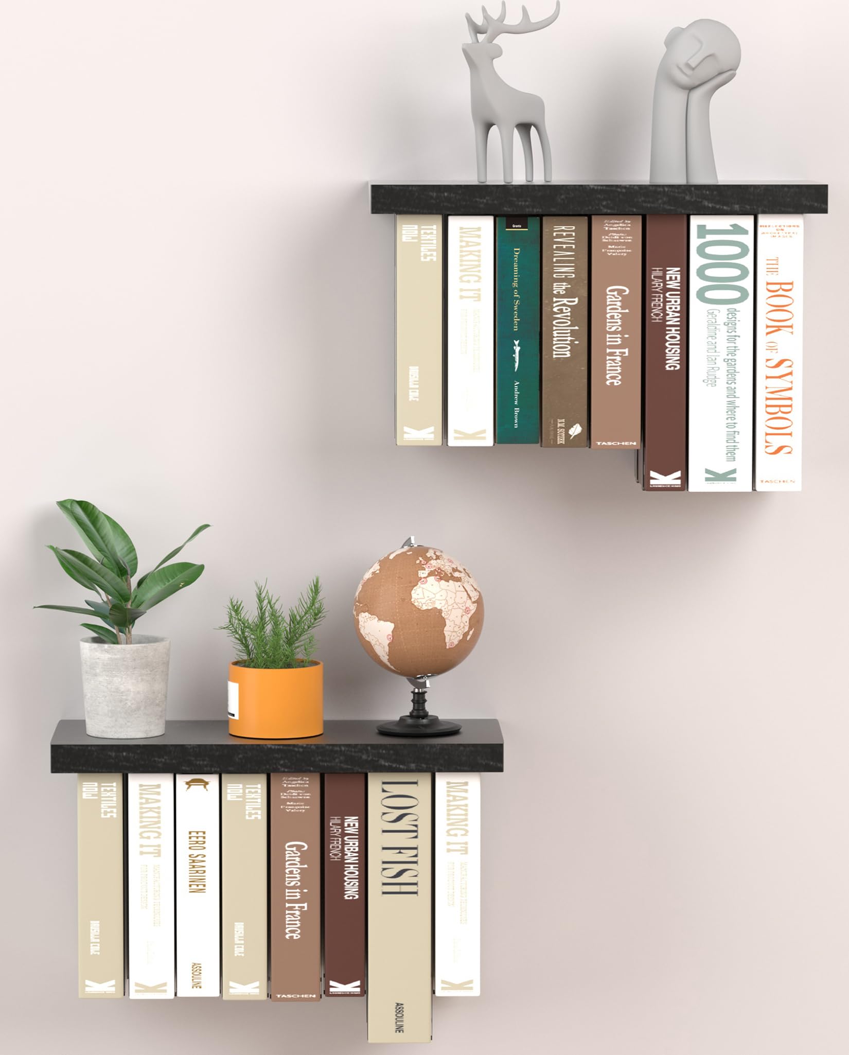 Tohiasen Floating Book Shelves for Wall Mounted Set of 2, Wood Hanging Bookshelf, Book Display Shelf for Wall, Unique Space Saving Book Shelf Wall Book Holder(Black)