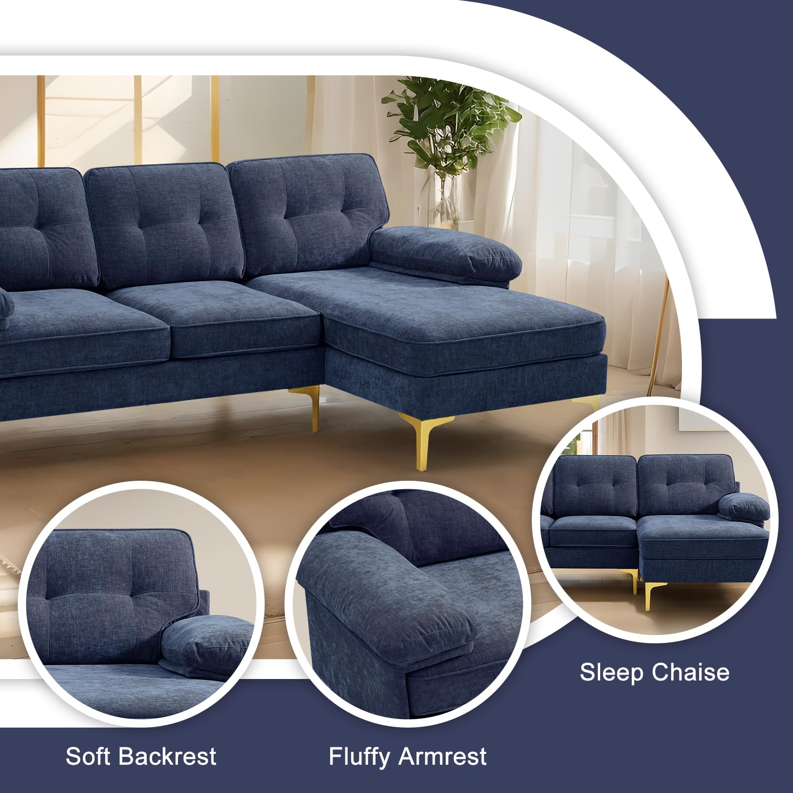 EASELAND 83" Chenille L Shape Couch, Convertible Modern Sofa for Living Room, 3-Seat Comfy Sofa Sectional with L/R Reversible Chaise, Deep Seat Sofa with Fluffy Armrests (Navy)