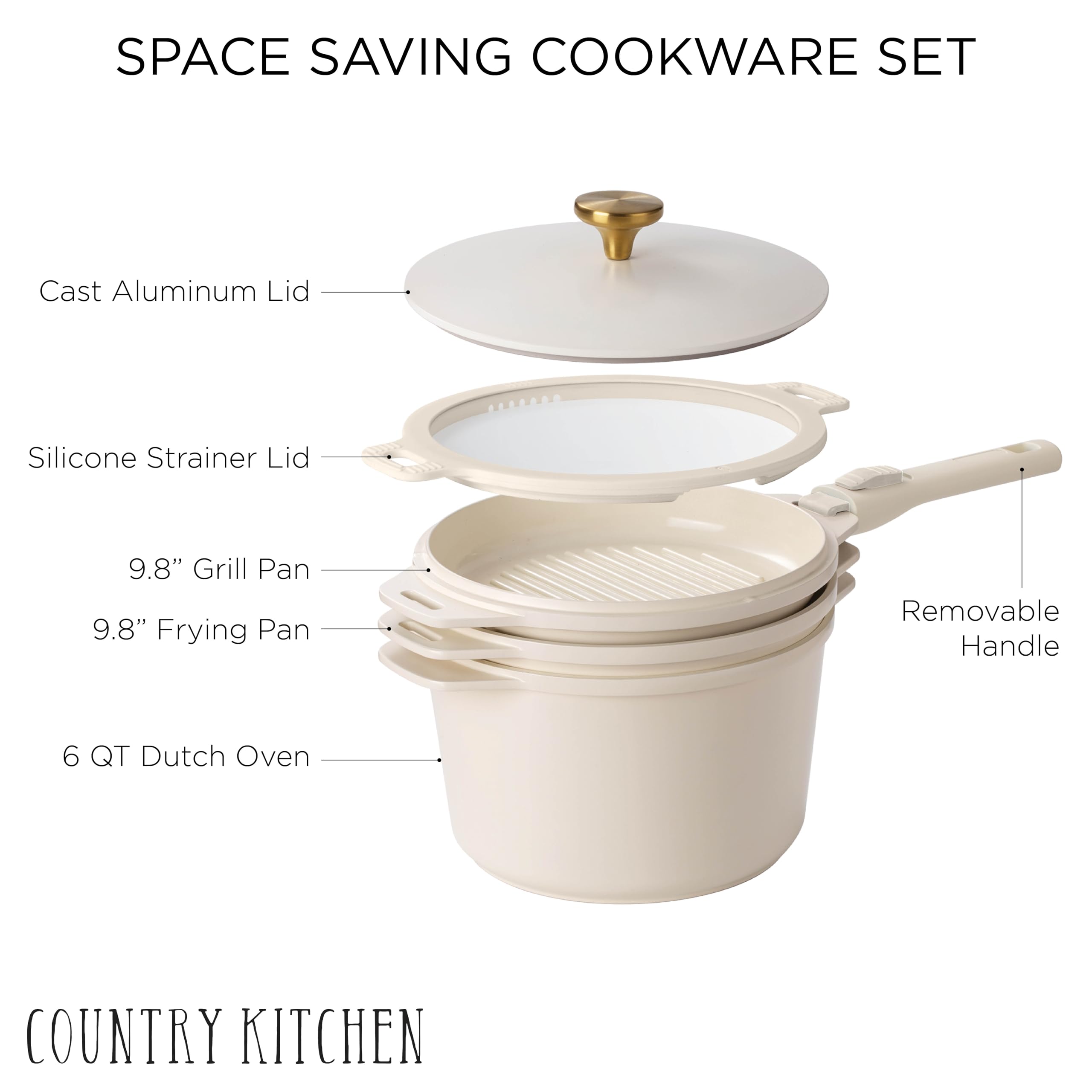 Country Kitchen 6 PC Stackable Pot Set, Nonstick Detachable Handle Cookware, Cookware Set with Removable Handle, Healthy Non Stick RV Cookware (Cream)